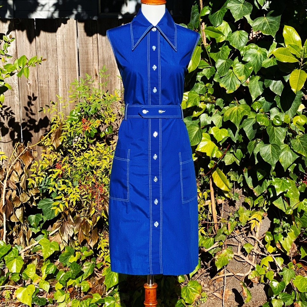 1970s Never Iron Navy Blue Mod Belted Shirt Dress